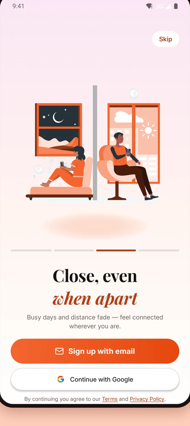 The Pairmest app showing the “Close, even when apart” screen