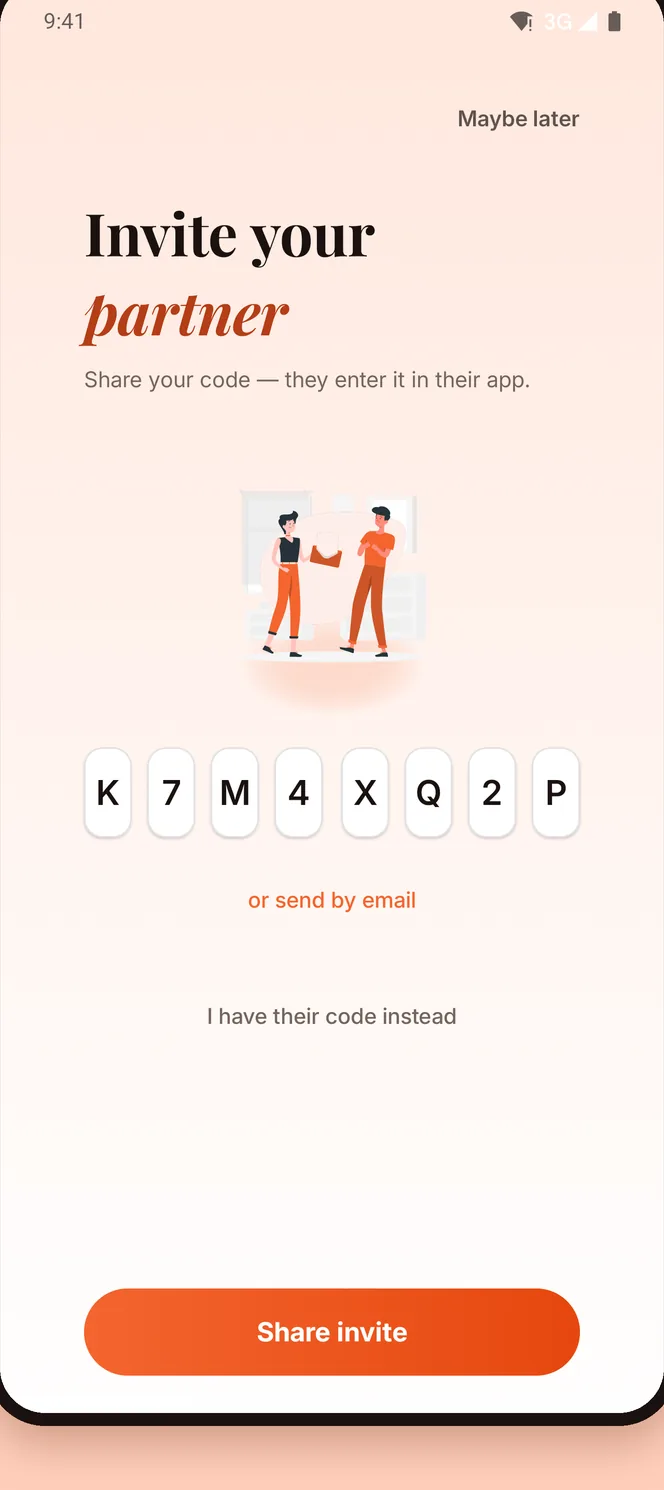 The Pairmest pairing screen showing an eight-character invite code